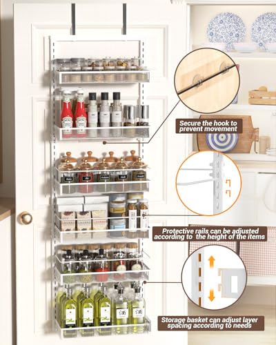 TOPWE Over Door Storage, 6-Tier Adjustable Pantry Door Organizer Shelves with Hook for Each Layer, Back Door Metal Hanging Spice Rack for Kitchen