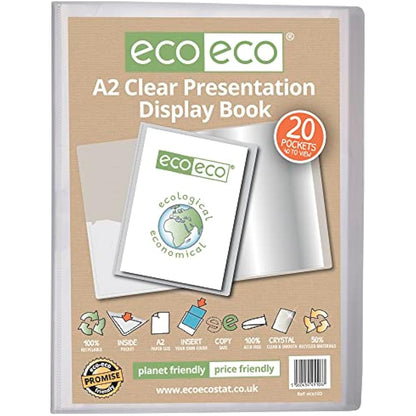eco-eco A2 Size 50% Recycled 20 Pocket Clear Presentation Display Book, Storage Case Portfolio Art Folder with Plastic Sleeves, eco103