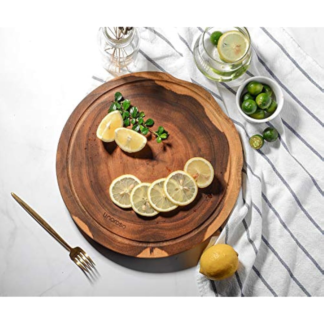 Linoroso Chopping Board Wooden Cutting Boards for Kitchens Round Non-Spliced Acacia Wood with Juice Trough Double-Sided Usable Anti-Slip Cut Resistant Anti-Bacterial - 30cm Diameter