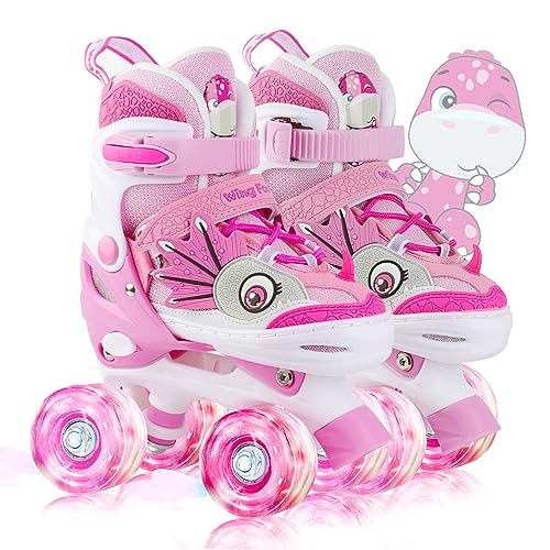 WESKIFAN Dino Kids Toddler Roller Skates for Boys Girls Dinosaur Quad Skating Shoes with Shiny Light up Wheels Adjustable Sizes Beginners rollerskates