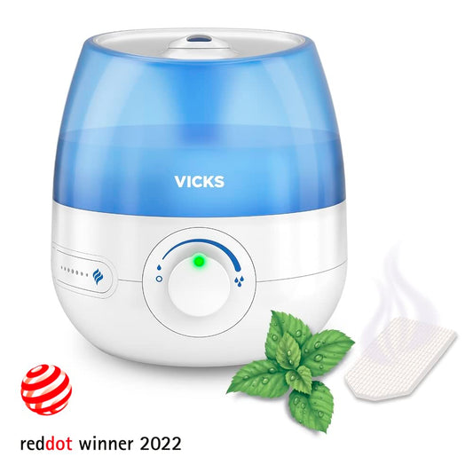Vicks Mini Cool Mist ultrasonic humidifier - Adjustable mist control - 1.8 L Tank - Home use in bedrooms, offices, nurseries - Rooms to 15m2 - Quiet