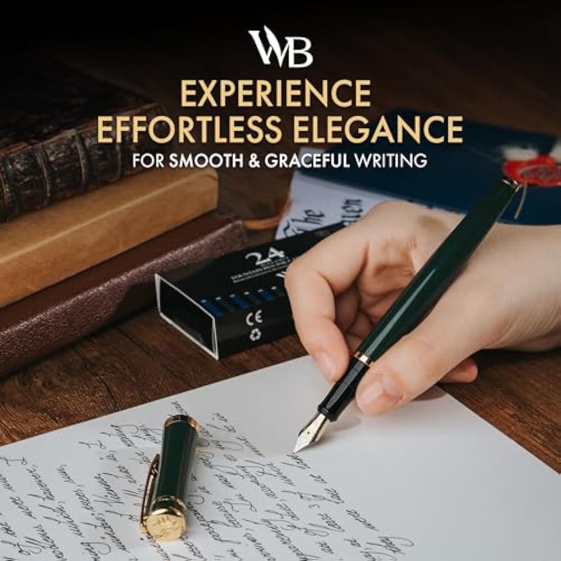Wordsworth & Black Fountain Pen Set, 18K Gilded Fine Nib, Includes 24 Pack Ink Cartridges, Ink Refill Converter & Gift Box, Gold Finish, Calligraphy, [Racing Green], Perfect for Men & Women