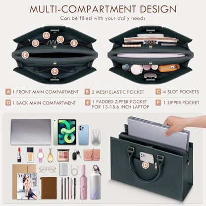 RAINSMORE Laptop Bags for Women PU Leather Work Bags for Women Tote Bag Large Handbag Shoulder Bag for Office Bussiness 15.6 Inch Dark Green