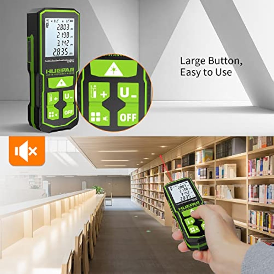 Laser Measure Device, Huepar 60M-120M Laser Distance Meter Digital Measure Tool Range Finder with Bubble Level and Large LCD Backlit and Waterproof IP54, Battery Included