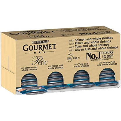 Gourmet Perle Adult Wet Cat Food Ocean Delicacies in Gravy with Salmon, Tuna, Plaice, Whitefish 4 x 12 x 85g Packs