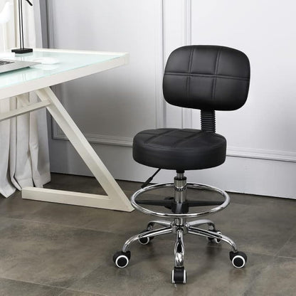 KKTONER Swivel Round Rolling Stool PU Leather with Adjustable Foot Rest, Height Adjustable Task Work Drafting Chair with Back (Black)