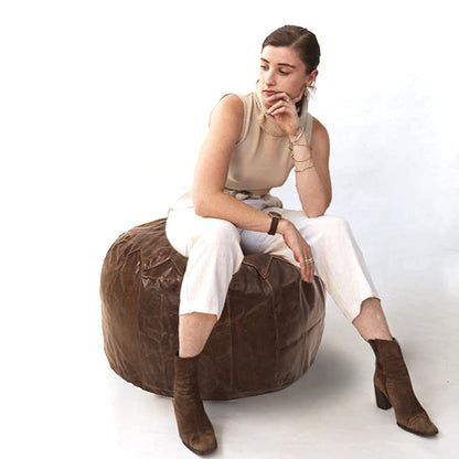 Woodland Leather Tan Morrocon Style Pouffe 17.5" Diam, Genuine Leather Designer Bean Bag Chair Stuffed-1Piece, Brown
