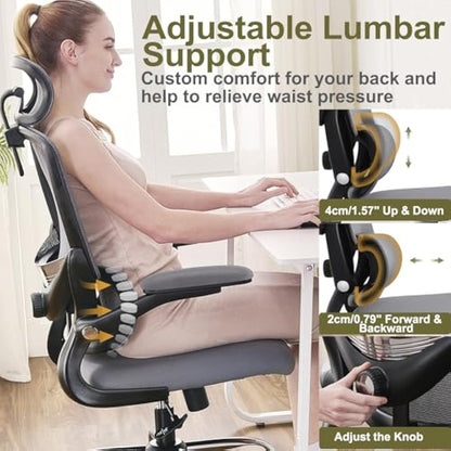 TONFARY Ergonomic Office Chair - High Back Mesh Design with Adjustable Lumbar Support, Flip-Up Armrests, Removable Headrest & 360° Swivel - Space-Saving for Home, Work, or Gaming - Black + Grey