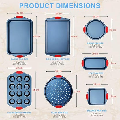 NutriChef Baking Tray Set, Oven Bakeware Trays, 8 Piece Non-Stick Oven Safe - Baking Sets, Includes: Cookie Sheets Pan, Loaf Pan, Pizza Pan, Muffin Tins, Cake Tin, Blue w/ Red Silicone Handles