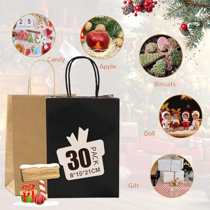 GIFTSAY 30pc Brown Paper Bags with Handles - 15x8x21cm Small Gift Bags for Wedding, Party Favors, Grocery, Retail & Birthday