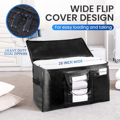 TAILI Moving Bags Extra Large Heavy Duty 4 Pack Storage Bags with Zips, Clear Window & Reinforced Handles, Black Storage Bags with Lid for