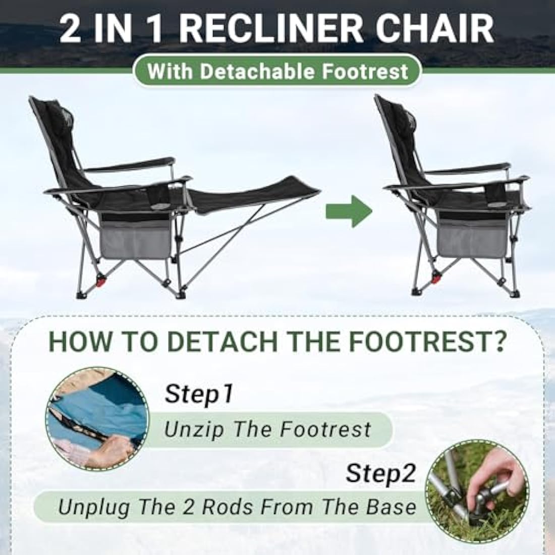 #WEJOY Camping Chairs Folding Recliner Chair Adjustable with Detachable Footrest Headrest Cup Holder Lightweight Portable Padded Reclining Camp Chair Fold Up Chair for Beach Garden,Black Set of 2