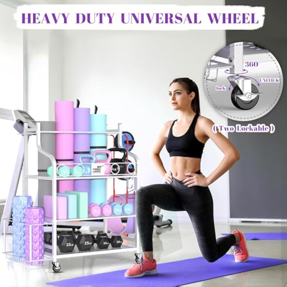 Mythinglogic Dumbbell rack-Yoga Mat weight rack-Home Gym Storage Rack for Dumbbells Kettlebells, Foam Roller, Yoga Strap, Resistance Bands - Workout Equipment Storage Organizer with Hooks and Wheels