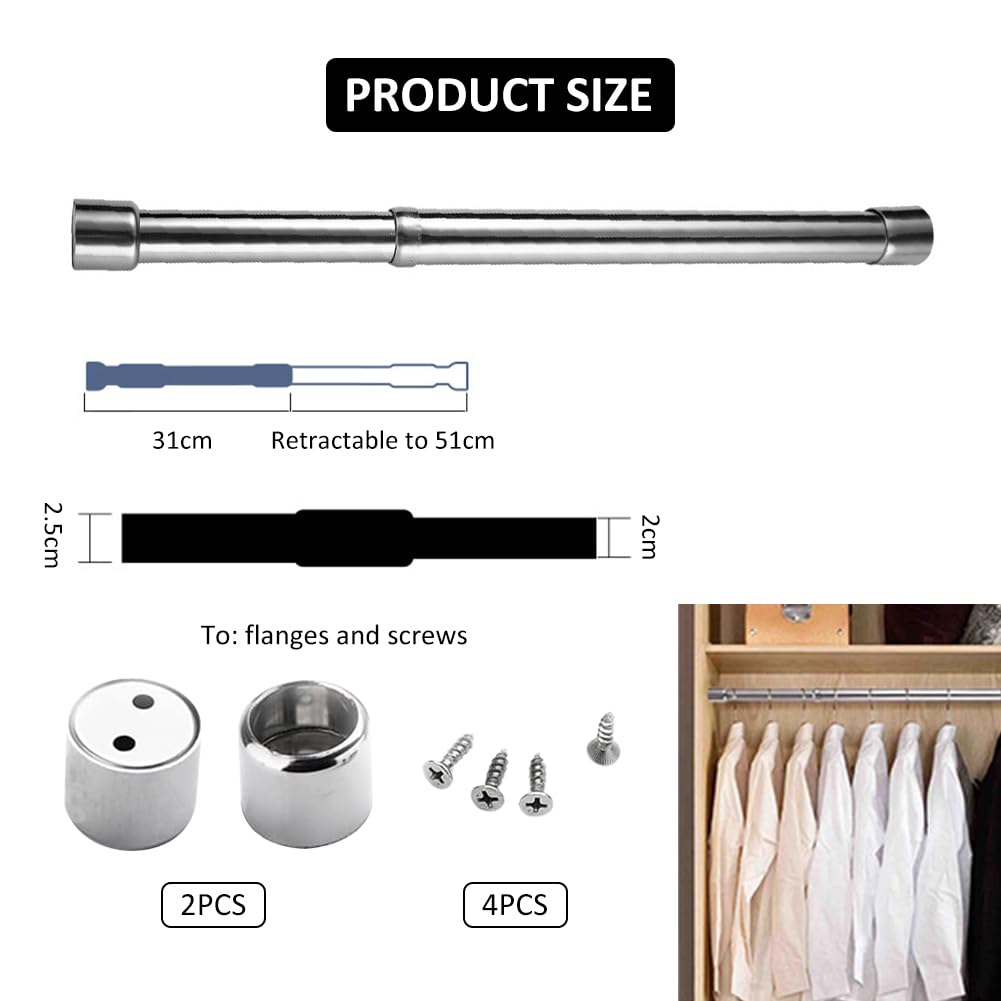 Extendable Stainless Steel Wardrobe Rail 31-51 cm, Adjustable Clothes Rail Pole, Extendable Clothes Rail for Cupboard