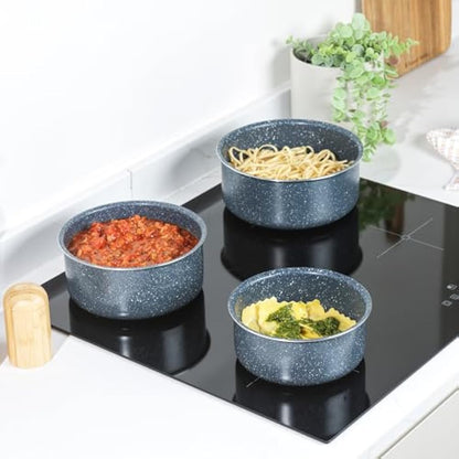 Russell Hobbs Nightfall Stone Saucepan Set – Smart Clip Non-Stick Pans, 16cm, 18cm, 20cm, Stay Cool Detachable Handle, Oven to Hob to Table Cooking, Space Saving Stackable Cookware, RH03294EU7
