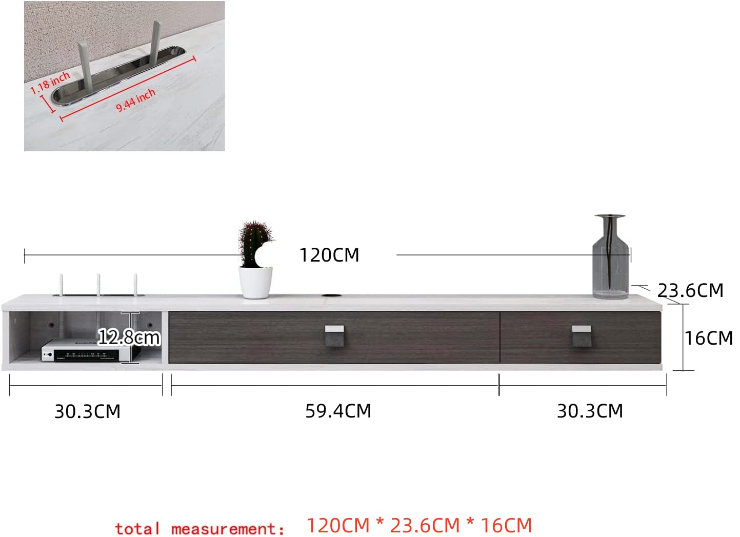 Pmnianhua Floating TV Unit, 47'' Wall Mounted TV Cabinet, Floating Shelves with 2 Doors