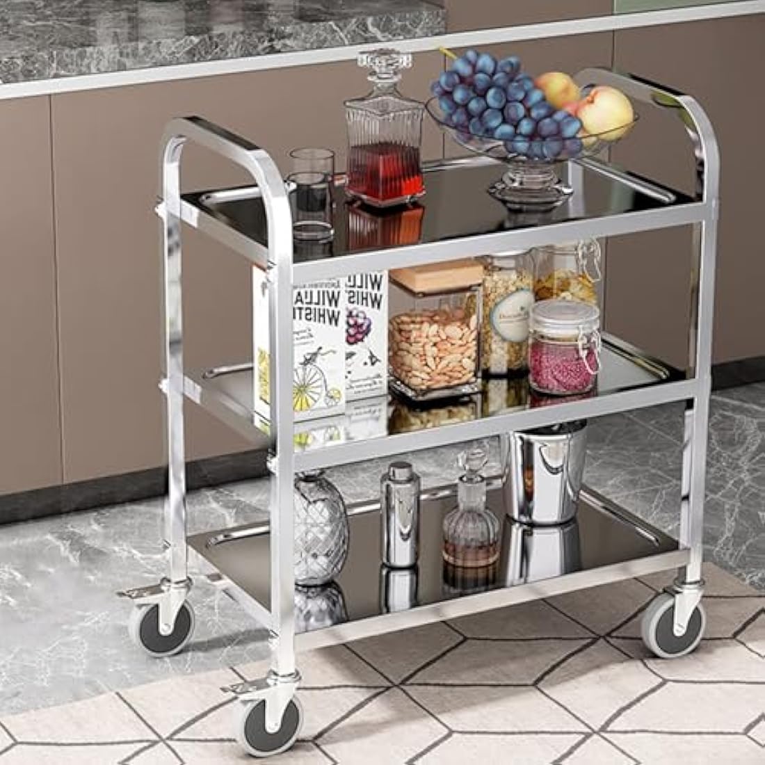 TAIMIKO Stainless Steel Utility Cart - 3-Tier Kitchen Trolley, Restaurants Serving Trolley with Locking Wheels, For Garage, Restaurants, Hotels, Size: 625x315xH800mm