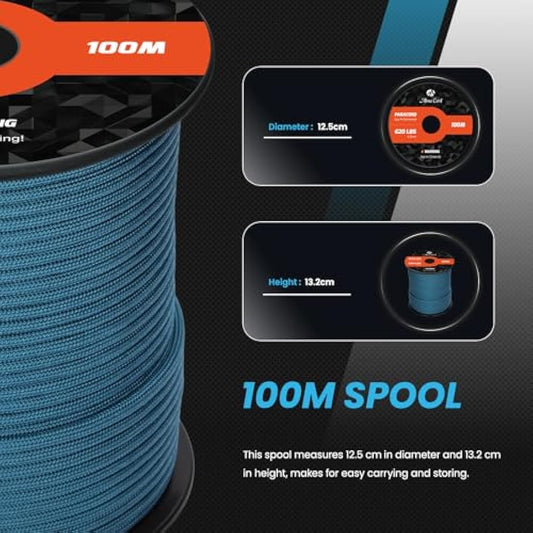 Abma Cord Paracord 4mm 100m 100% Nylon Rope 9 Strands Type III Parachute Cord for DIY, Camping, Survival, Outdoor - Max. 280kg - Teal