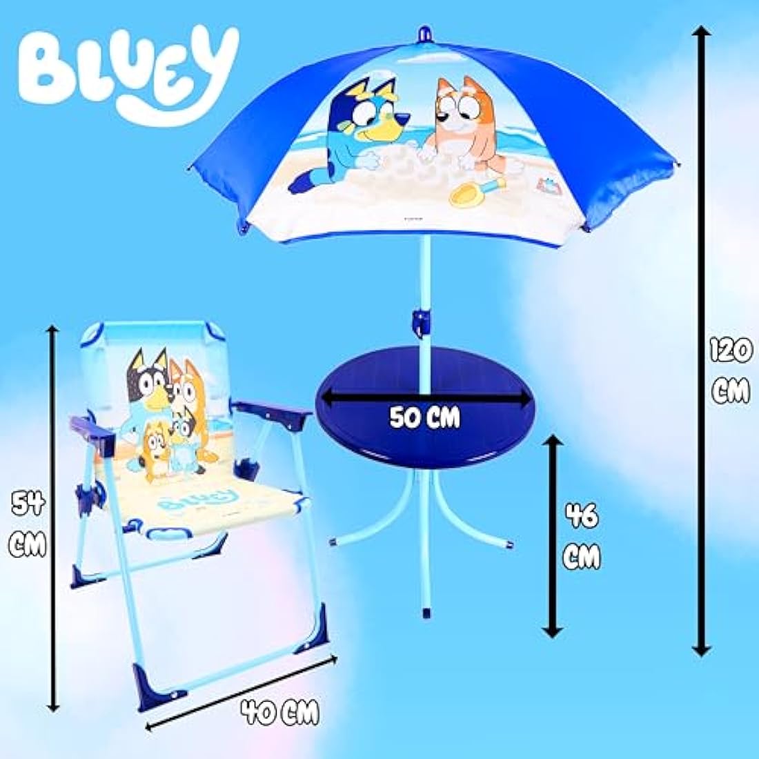 Toyland® Bluey & Bingo Table & Chairs Patio Set - 1 Table, 2 Chairs & 1 Parasol - Children's Indoor & Outdoor Furniture - Perfect for Beach & Garden