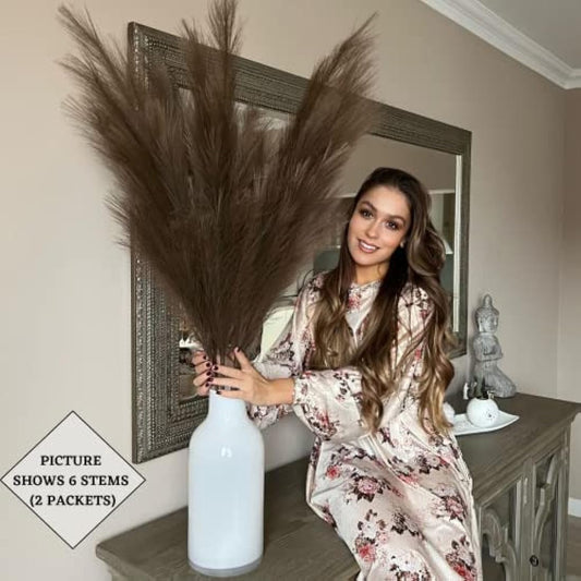 VOULUX Extra Large Tall Dark Brown Fake Faux Artificial Pampas Grass Large Fluffy x3 115cm Stems x18 Decorative Artificial Flora Feathers For Floor Vases Tall Plant Flowers Long Pampas Grass