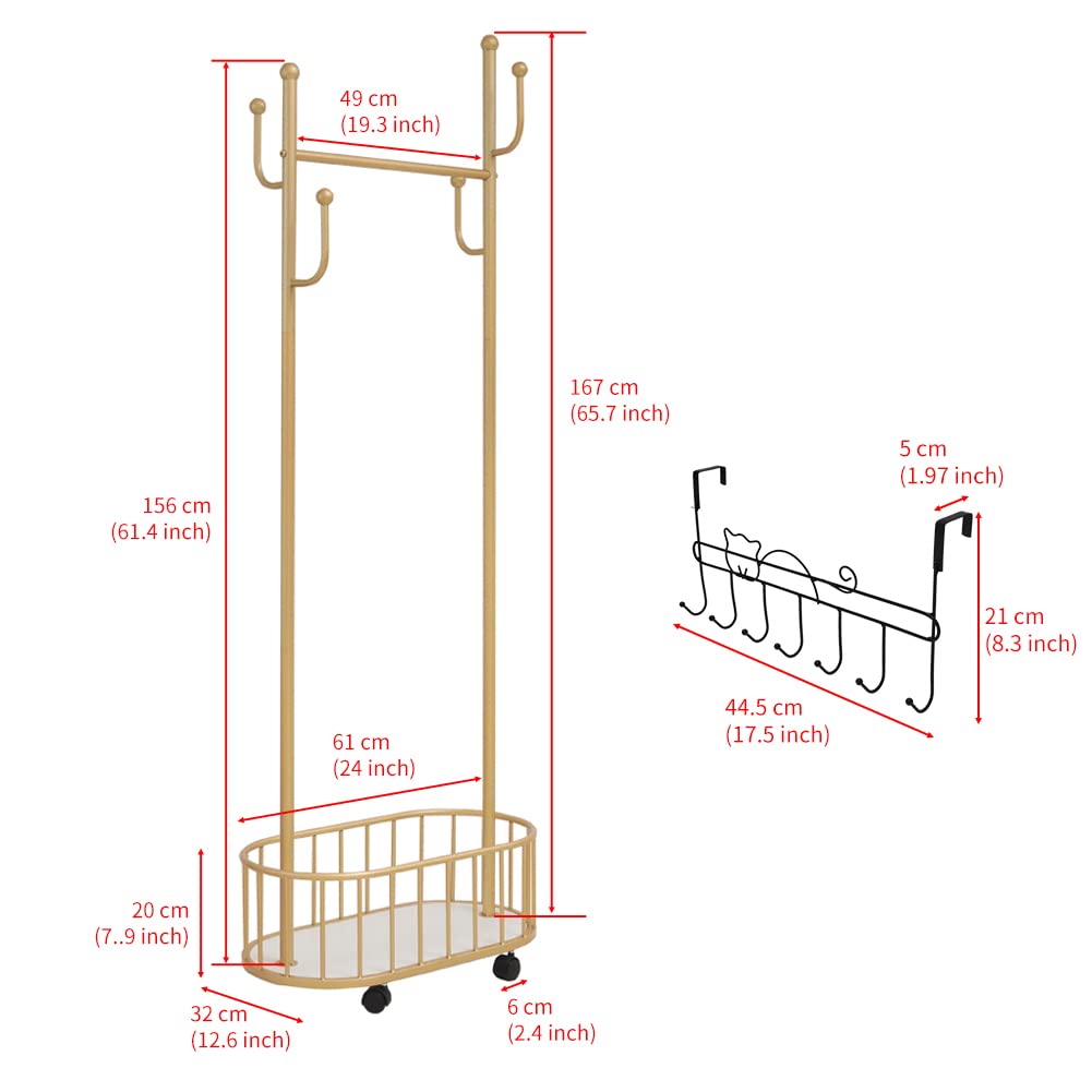 Cre Cra Golden Clothing Rack with Wheels Rolling Clothes Rack with Storage Basket Metal Moveable Coat Rack Stand Modern Garment Rack for Hanging