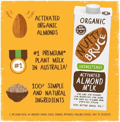 Nutty Bruce - Unsweetened Activated Almond Milk - Certified Organic & Vegan Alternative Milk, No Preservatives, Colours or Added Oils, Lactose Free, Dairy Free, Soy Free - 6 pack x 1L