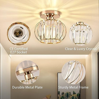ZYDTRIP Crystals Ceiling Light Fixtures Chandelier, Small Semi Flush Mount Ceiling Light Fitting for Hallway Entrance Kitchen Bedroom Dining Rooms Living Rooms Bar (2 Pack Gold)