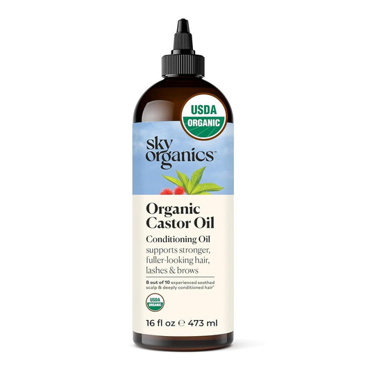 Sky Organics Organic Castor Oil for Hair, Lashes & Brows 100% Pure & Cold-Pressed USDA Certified Organic to Strengthen, Moisturize & Condition, 16 fl.