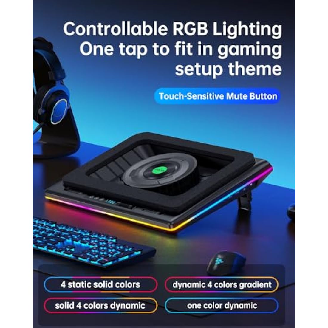 llano RGB Laptop Cooling Pad with Powerful Turbofan Gaming Cooler Radiator with Infinitely Variable Speed, Touch Control, LCD Screen, 3-Port USB Hub, Seal Foam for Notebook Computer 15-19in