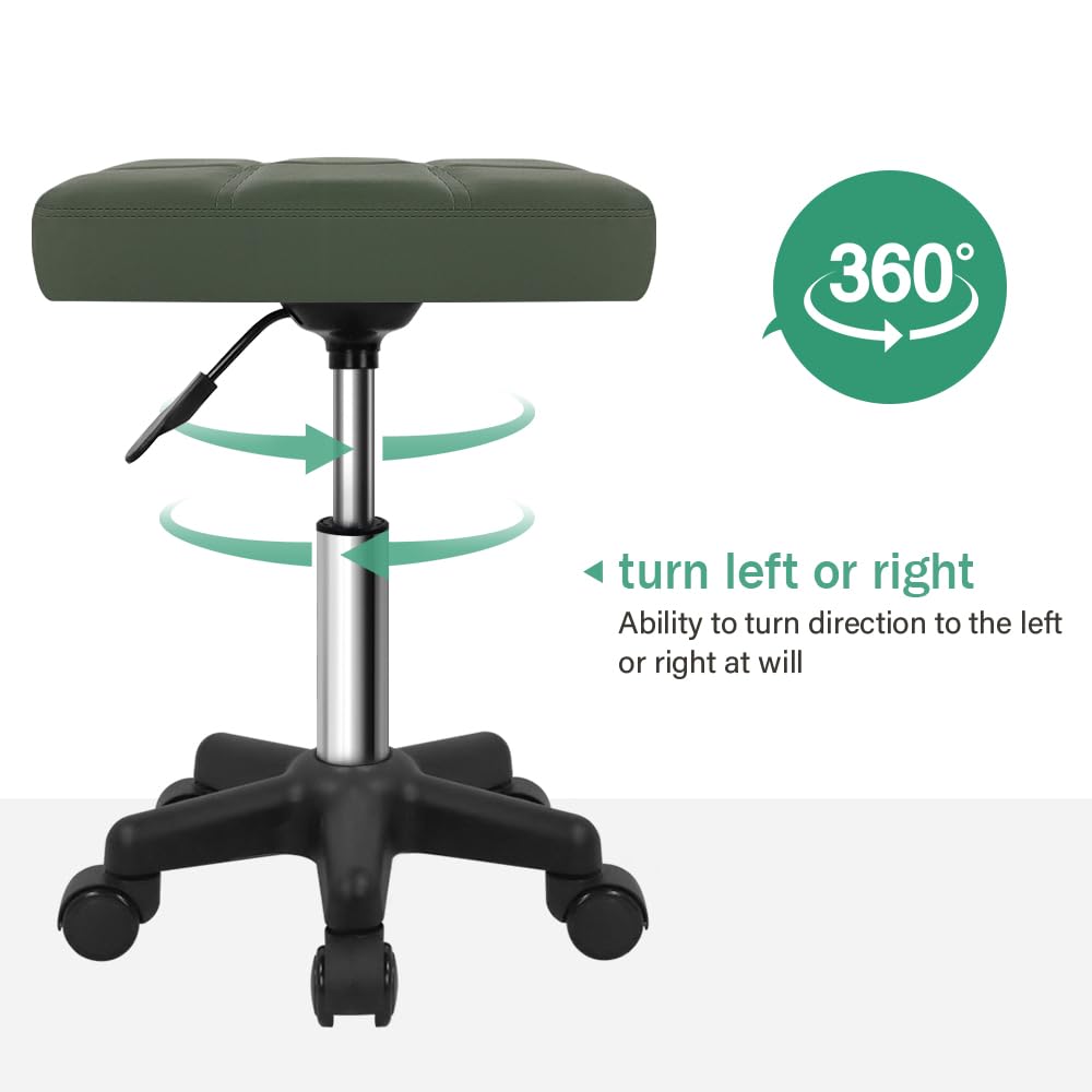 FURWOO Rectangle Rolling Stool with Wheels Swivel Stool Chair for Salon Massage Home Kitchen Green