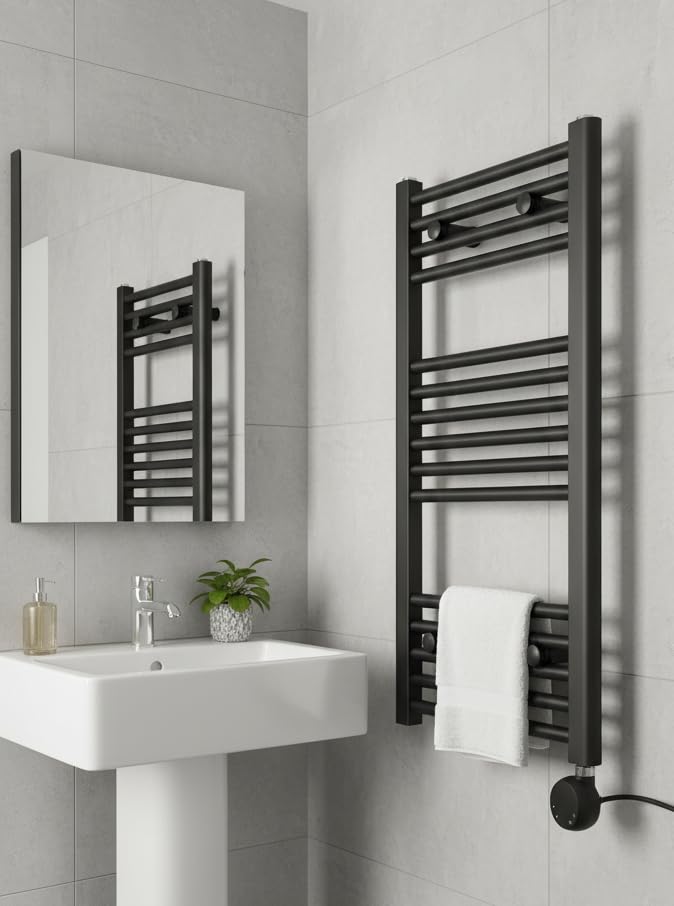 Greened House Electric WiFi Heated Towel Rail Black 500mm W x 800mm H) Smart Flat 7 Day Programmable Timer App Compatibility (EU)