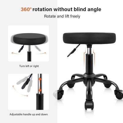 KKTONER Round Rolling Stool Height Adjustable Stool PU Leather Chair with Wheels Salon Spa Drafting stools Small Black