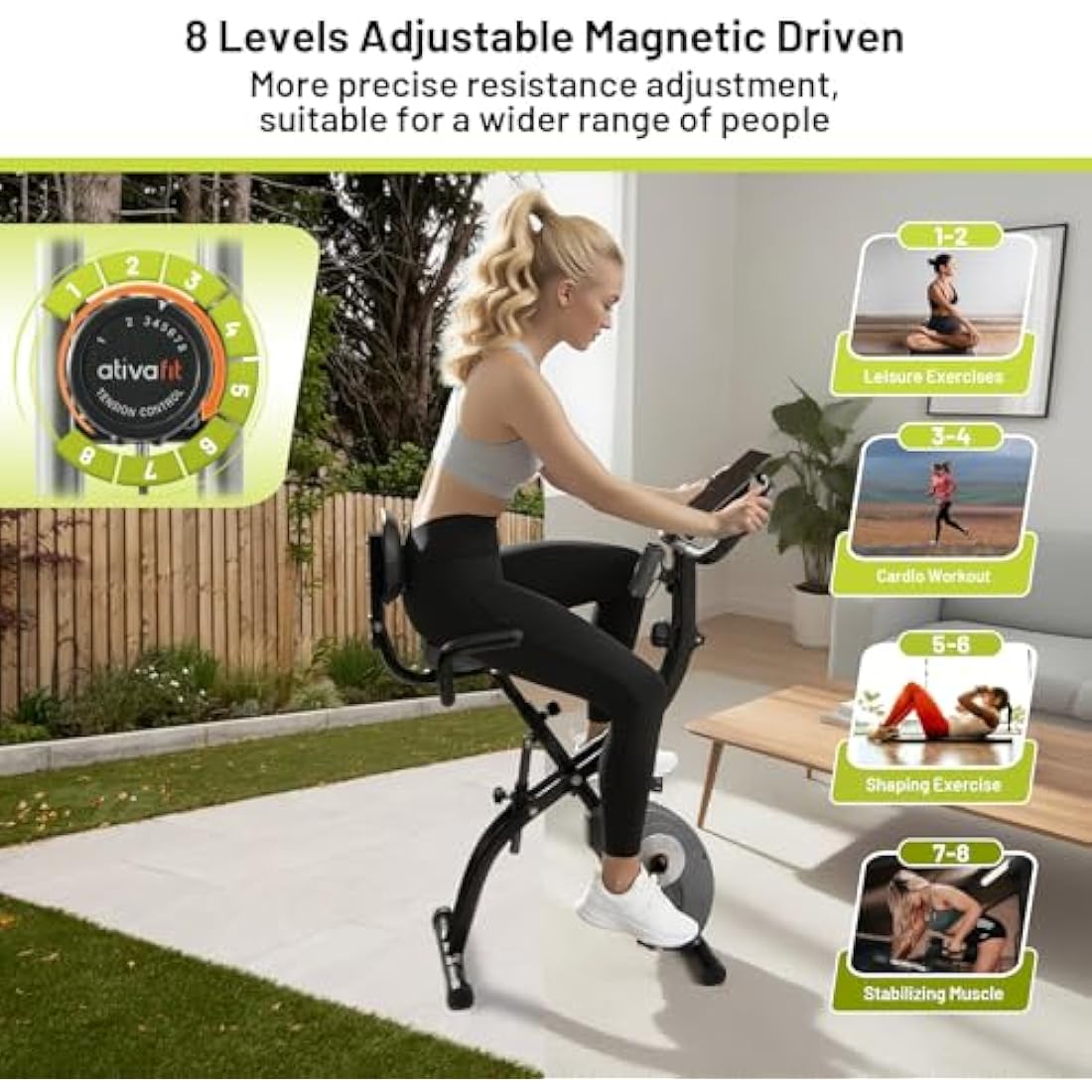 ATIVAFIT Folding Exercise Bike 8 Levels Resistance F-Bike with Heart Rate Sensor + Phone Holder