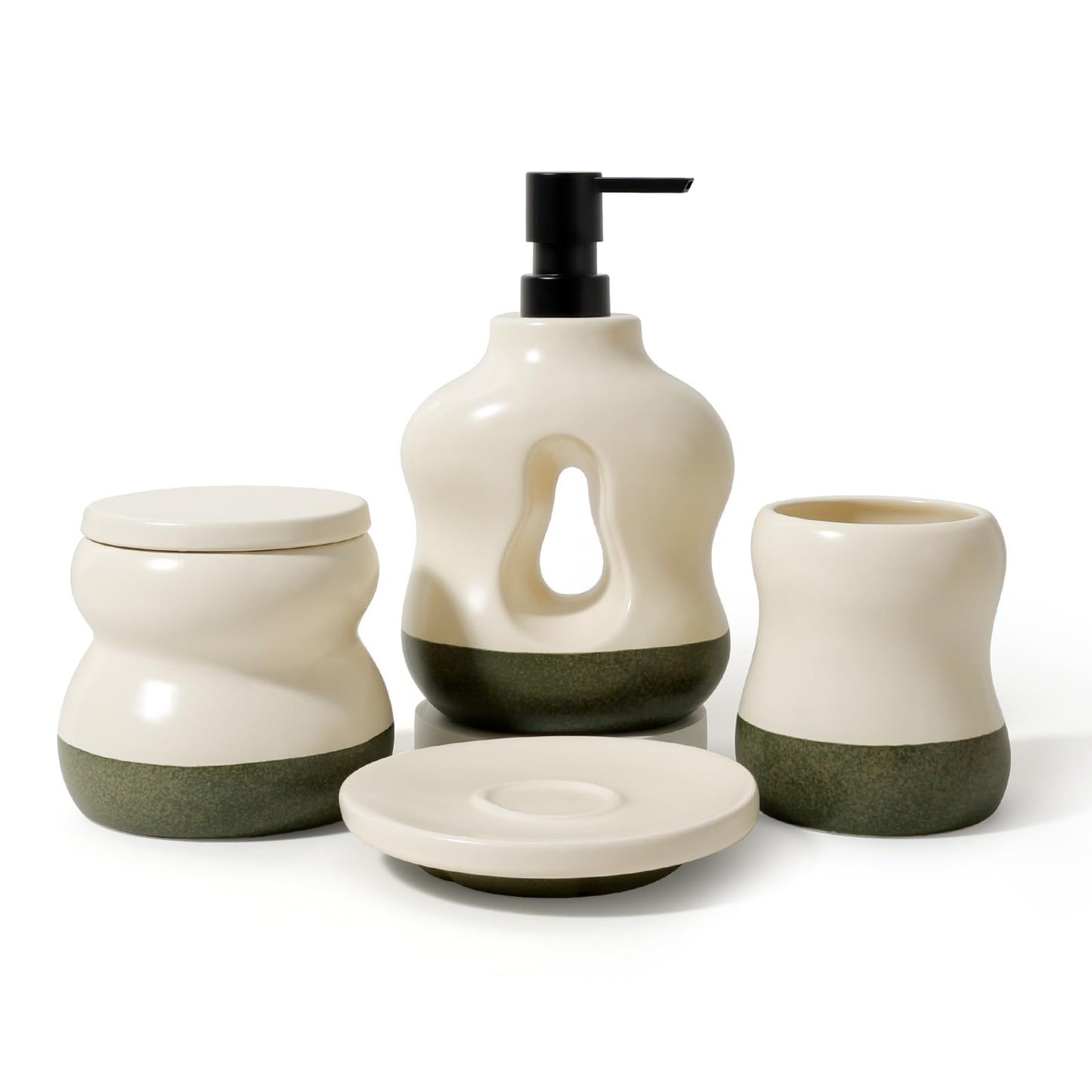 BosilunLife Bathroom Accessories Set of 4 - Beige&Green Bathroom Countetop Soap Set Lotion Soap Dispenser Sets Toothbrush Holder and Soap Dish