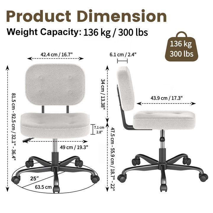 AnyGod Armless Desk Chair, Adjustable Swivel Task Seat, White Teddy-Fleece