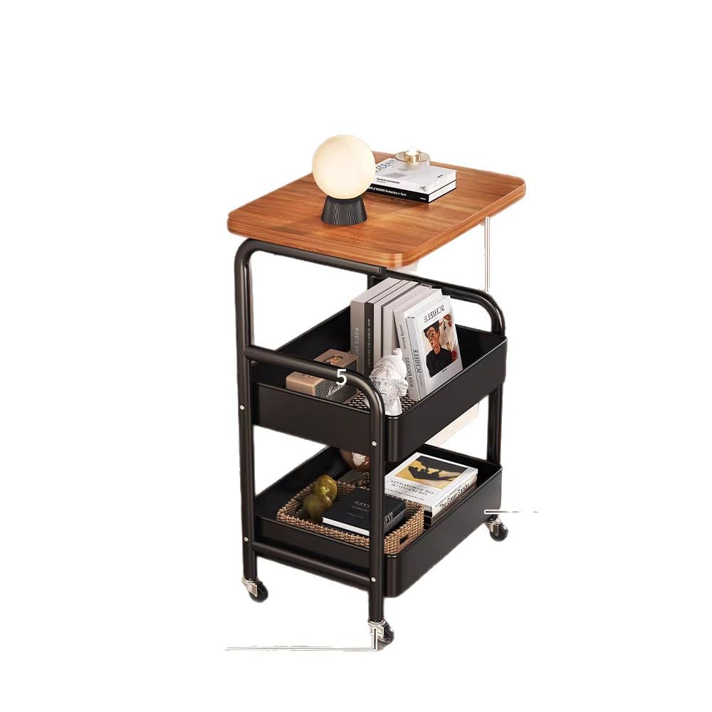 3-Tier Trolley on Wheels,with Wooden Shelves and Metal Baskets Black