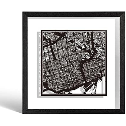 O3 DESIGN STUDIO Toronto Paper Cut Map framed, Black map, Black frame, 9x9 inches, Gift Boxed, 2 background color, self-changing, Paper Art