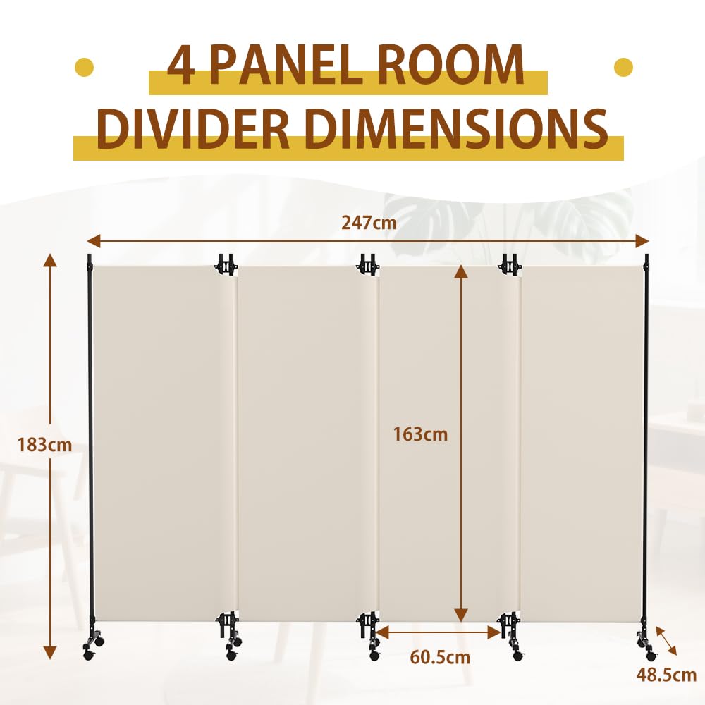 HIDODO 4 Panel Upgraded Room Divider with Wheels, 247cm W x 183cm H, Beige