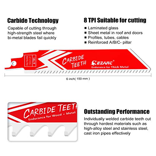 EZARC Carbide Reciprocating Saw Blade R678HM Endurance for Thick Metal, Cast Iron, Alloy Steel 150mm 8TPI, 3-Pack