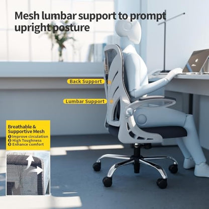HOLLUDLE Ergonomic Office Chair with Foldable Backrest, Computer Desk Chair with Flip-up Armrests, Mesh Lumbar Support and Tilt Function Big and Tall Office Chair, White