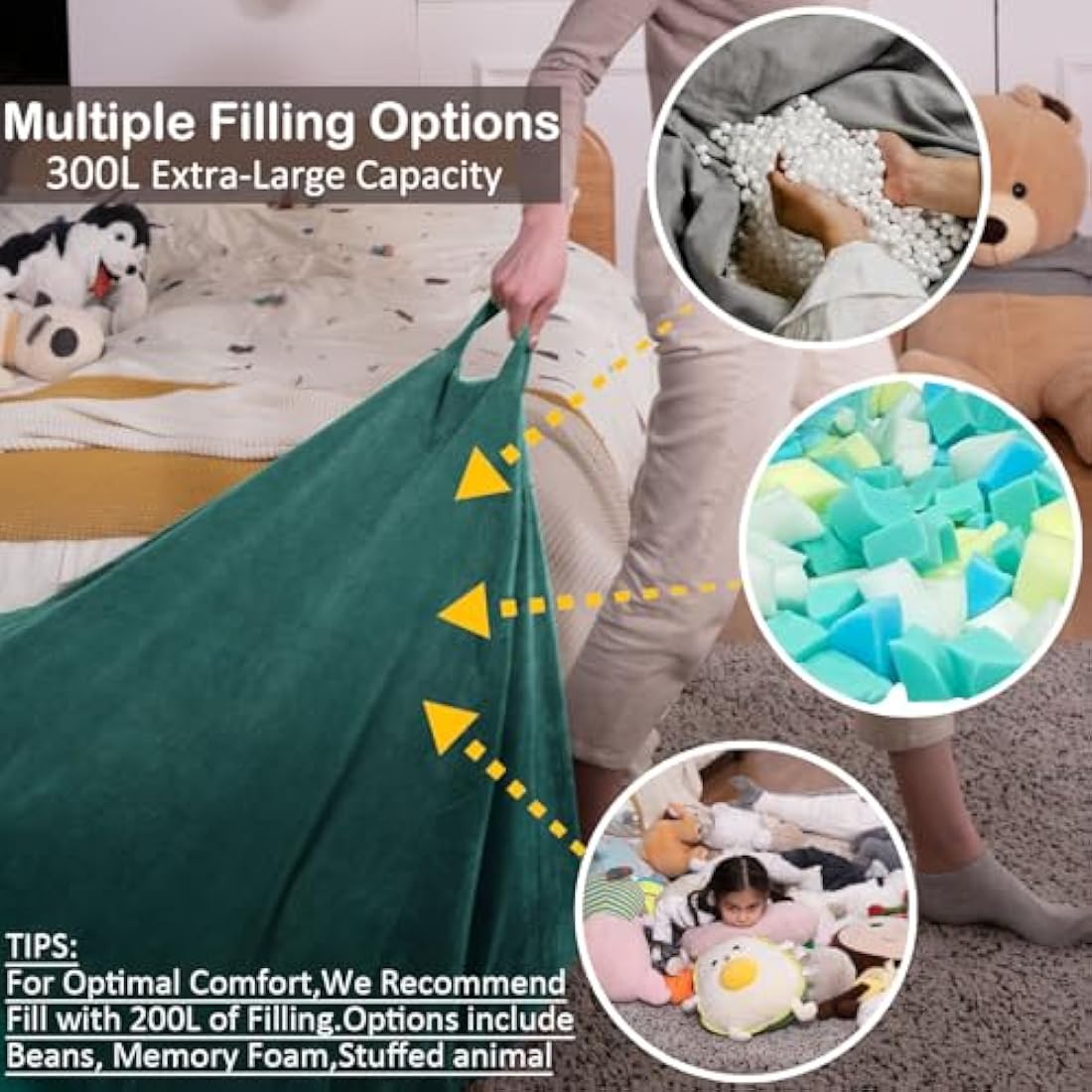 Nobildonna Bean Bag Chair Cover (No Filler) for Kids and Adults. Extra Large 300L Bean Bag Stuffed Animal Storage Washable Soft Premium Corduroy Stuffed Plush Toys Bean Bag Cover (Dark Green)