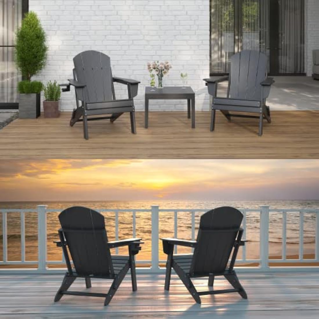 Sleek Space Adirondack Folding Chair for Garden, Patio or Deck - Arm Rests and Cup Holder - Lightweight, Weatherproof - Stylish, Durable Outdoor Furniture for Fire Pit, Beach, Poolside, Porch (Black)