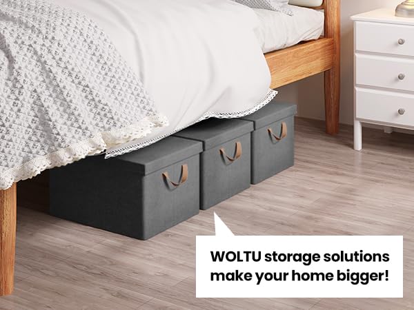 WOLTU Collapsible Storage Boxes Set of 3, Non-Woven Fabric Storage Boxes with Removable Lid, Handles, Metal Frame, 36L, Grey, 43x33x26cm