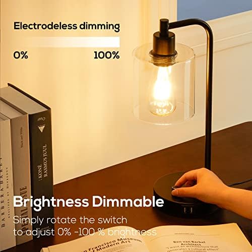 Homelist Dimmable Bedside Lamps Set of 2, Industrial Retro with USB Charging Ports, Black Modern LED Nightstand Desk Beside Table Lamp, Glass Shade for Bedroom Living Room Home Office, Bulb Included