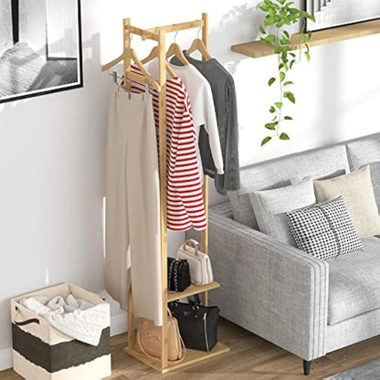 unho Bamboo Clothing Rack, Corner Coat Rack Stand Hall Trees Free Standing Clothes Hanging Rail Garment Rack with 2 Shelves 3 Hanger Hooks and Pants Hanger for Entryway Bedroom Living Room
