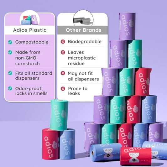 Adios - Compostable Dog Poop Bags, 360 Count (24 Rolls) - Rainbow Colours - Extra Thick, Leakproof, Odour Proof Dog Waste Bags - Made from Compostable Cornstarch - Easy Tear Rolls, Packaging May Vary