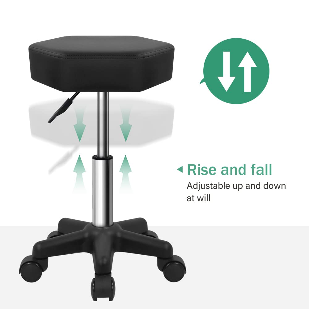 FURWOO Hexagon Rolling Stool with Wheels Height Adjustable Stool Chair for Salon Massage Home Kitchen Spa Stool Black