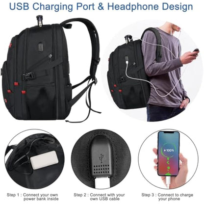 Z-MGKISS Travel Laptop Backpack, 52L Extra Large Backpack for Men, Overnight Backpack, TSA Flight Rucksack 17.3 Inch, Anti-Theft Work Bag with USB Port, Big Computer Bag for College & Business, Black