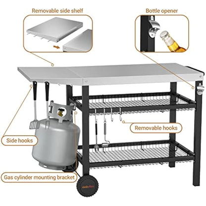 Onlyfire Heavy Duty BBQ Trolley Food Prep Table, Stainless Steel Flattop Worktable with Side table, Two-layer Steel Basket and Utensil Holder