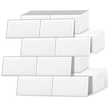 DEWOO Peel and Stick on Wall Tiles Subway Self-Adhesive Panels Backsplash for Kitchen and Bathroom,White Plastic Thick32 x 27cm,10-Sheet
